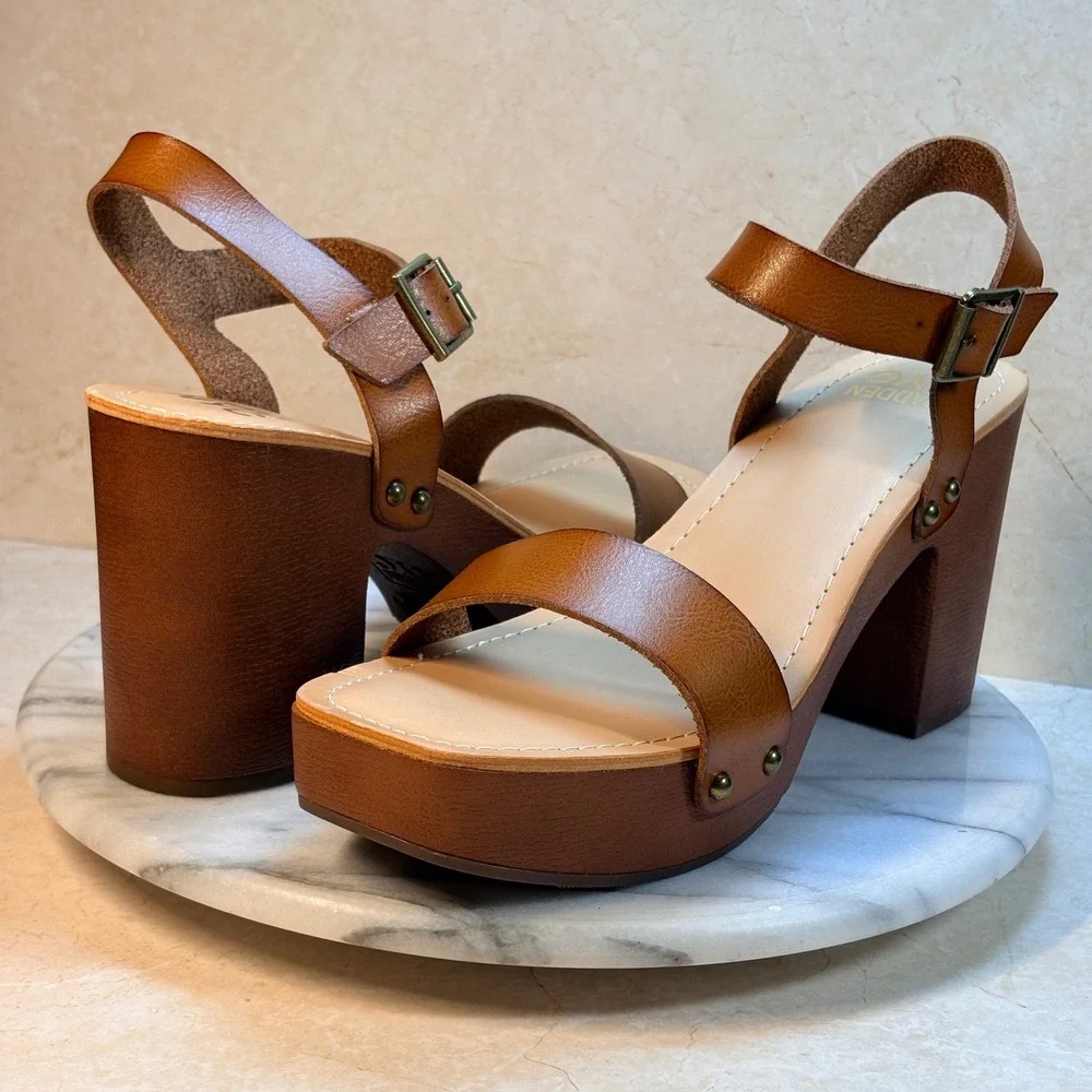 Madden NYC Lifft‎ Platform Block Heel Sandals Tan Leather Buckle Ankle Strap 9
